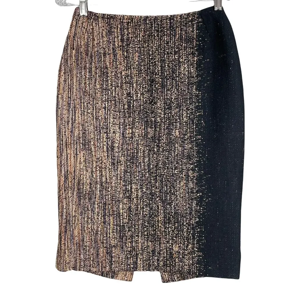 Lafayette 148 NY Blamu Tweed Pencil Skirt Size 4 Tan Black Ombre Cascade Pattern